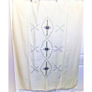 Vintage Embroidered 52 X 68 Beige Linen Tablecloth Purple and Green Design